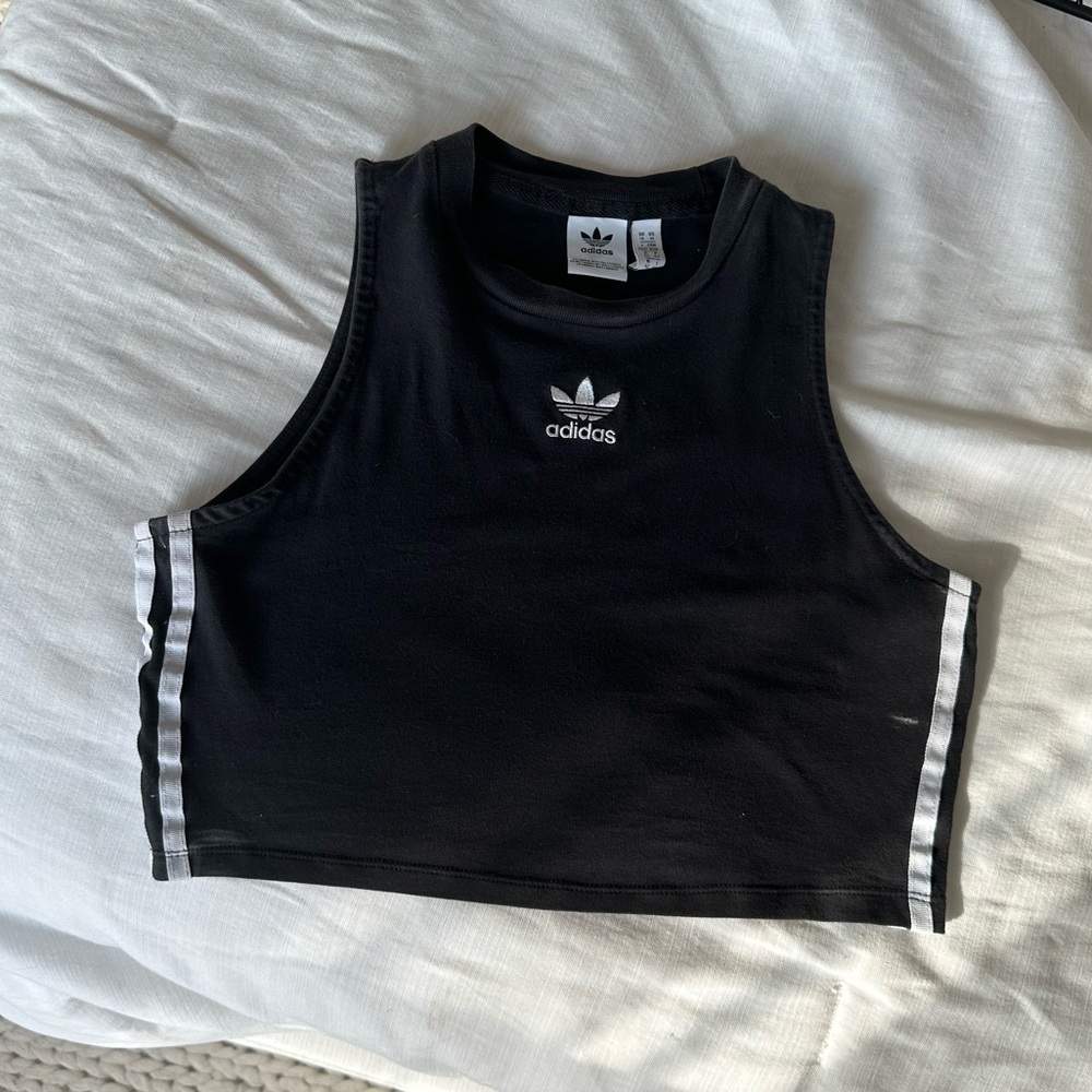 Adidas Black and White Stripe Cropped Tank